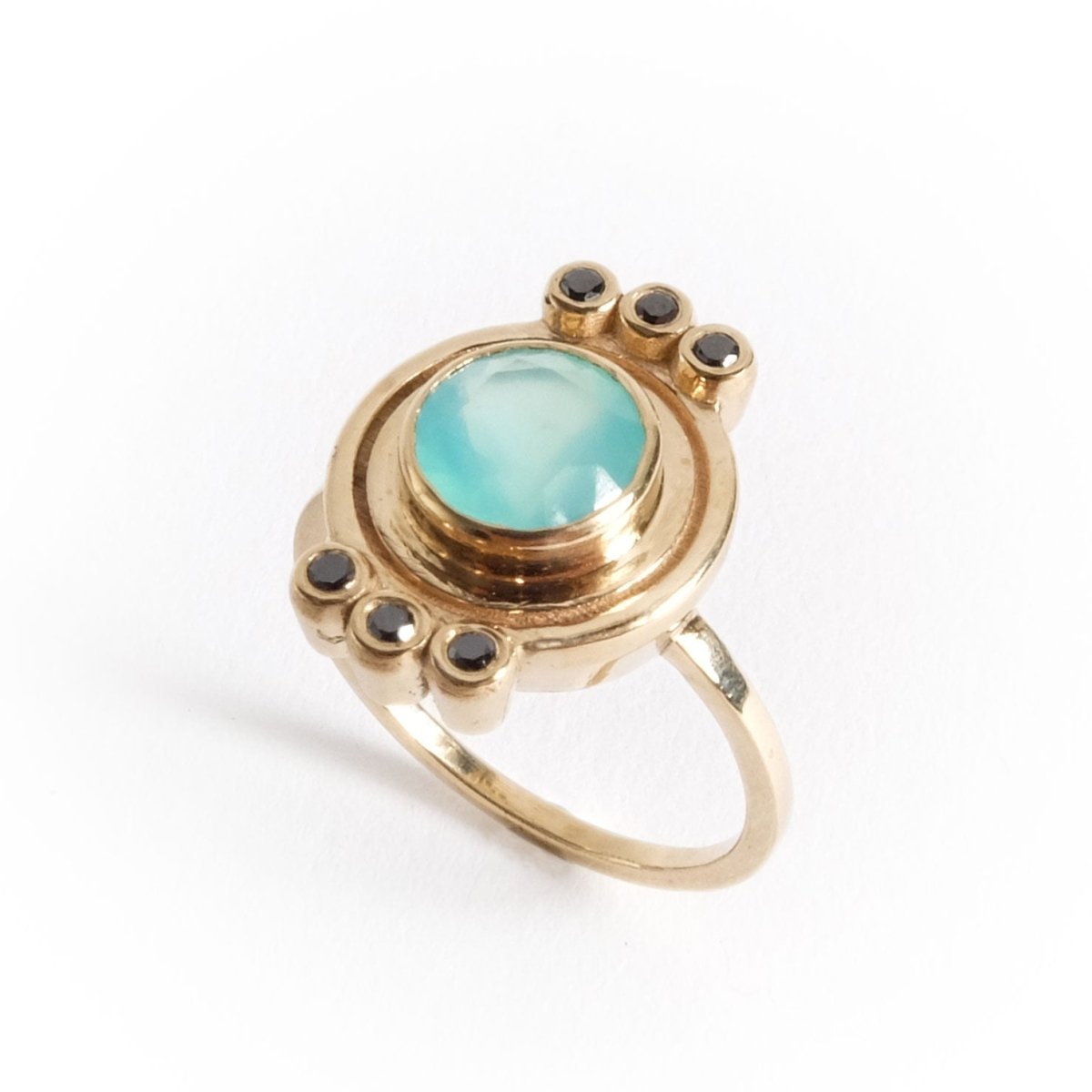 10k gold ring with round bezel set Peruvian Opal and six black diamonds by Portland designer betsy & iya