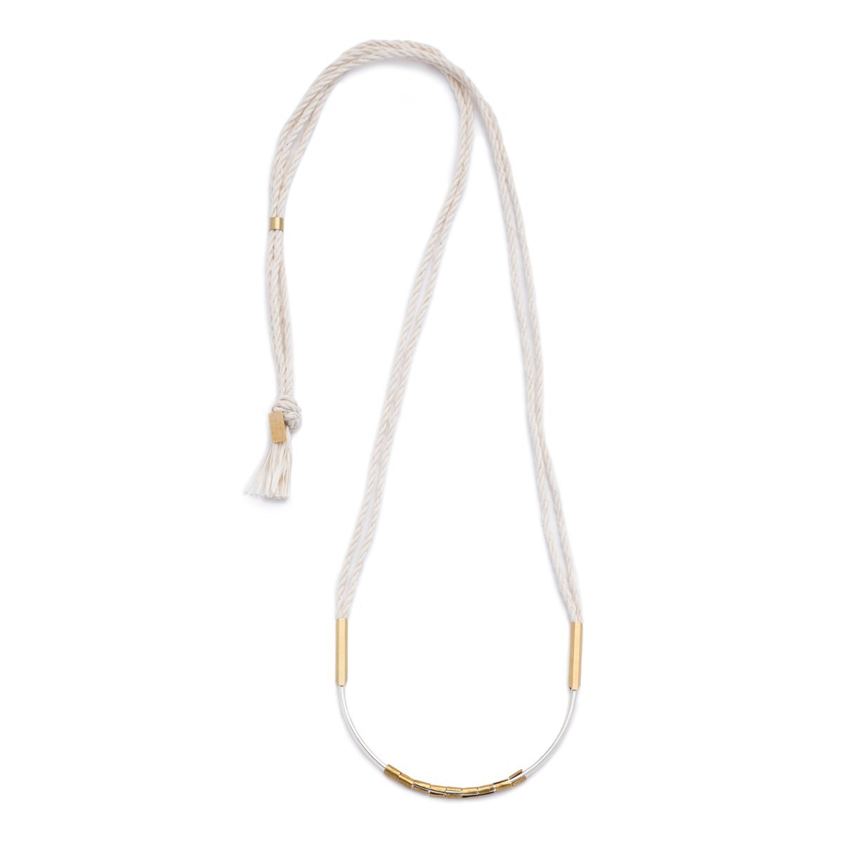 Lightweight, textural statement necklace, featuring cream-colored, hand-spun Japanese cotton rope, a curved, sterling silver focal point, African brass trade beads, and brass fittings. Hand-formed in Portland, Oregon. 