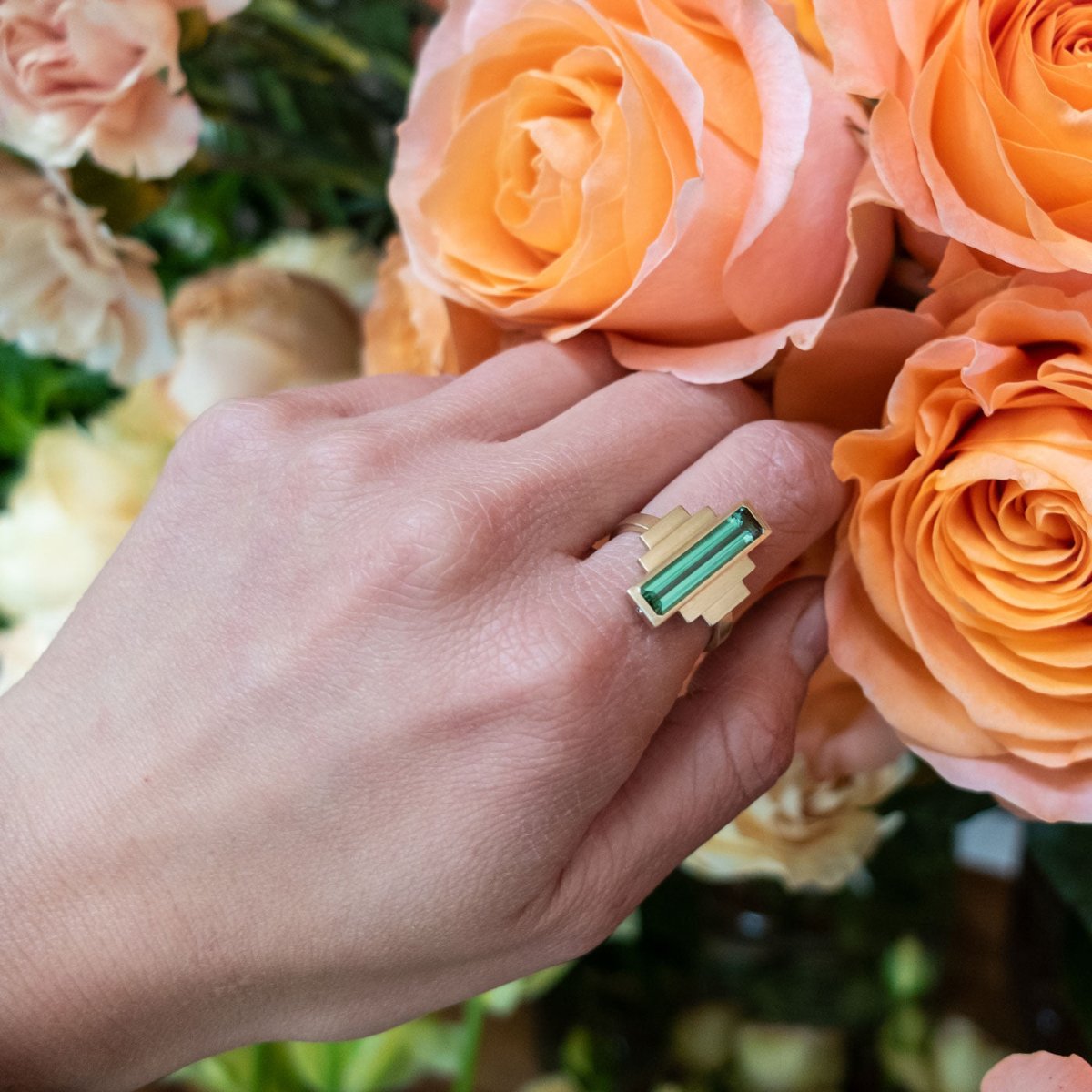 Rectangle Green/Blue Tourmaline & Diamond Cocktail Ring
