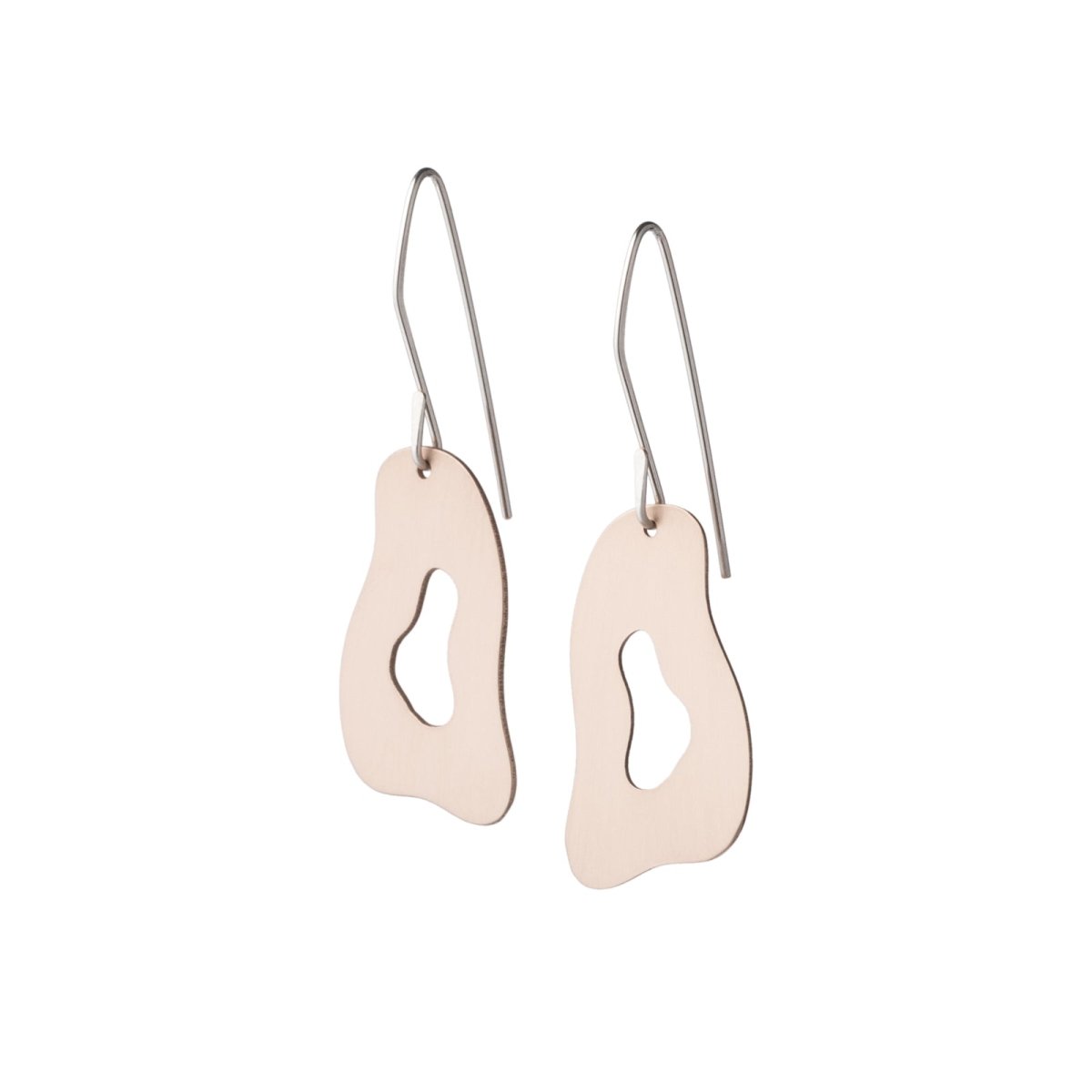 Funky, flat, brushed bronze oblong pendants with organic edges, dangling from sterling silver-filled earring wires. Hand-crafted in Portland, Oregon. 
