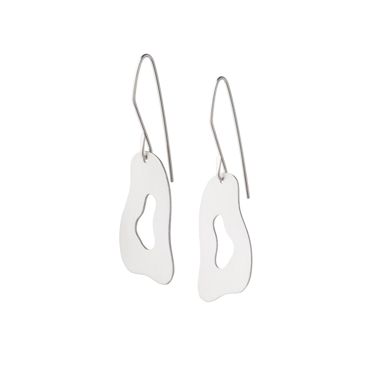 Funky, flat, brushed sterling silver oblong pendants with organic edges, dangling from sterling silver-filled earring wires. Hand-crafted in Portland, Oregon. 