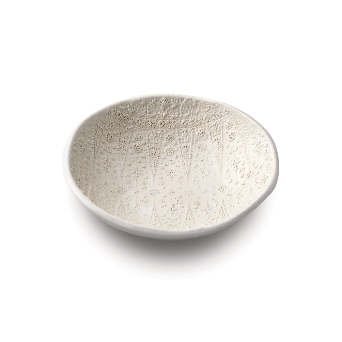 A white embossed ceramic offering bowl, handmade by ceramicist Ellen Hammen. 