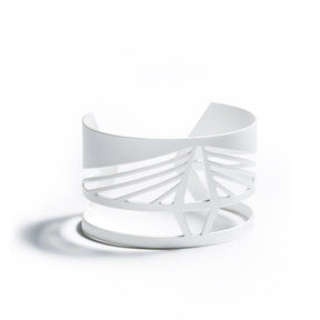 Bold, modern, and adjustable silver-plated cuff bracelet modeled after the Ravenel Bridge in South Carolina, with the bridge's year of construction and geographic coordinates etched on the inner cuff. Hand-crafted in Portland, Oregon.