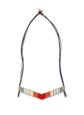 Hand painted necklace with leather elements.