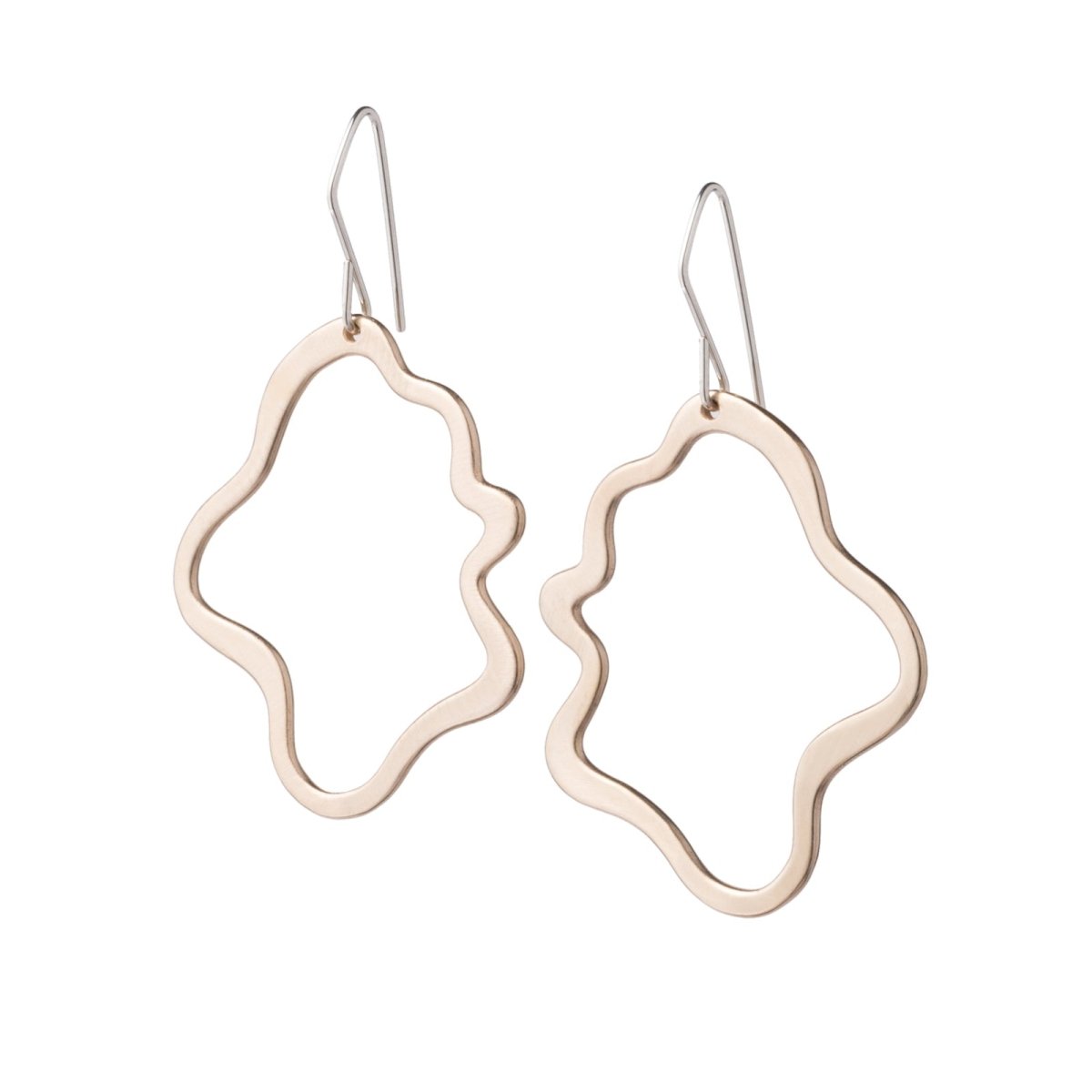 Thin, bronze wire with a brushed finish, formed into a playful, oblong shape with wavy edges, and dangling from sterling silver-filled earring wires.