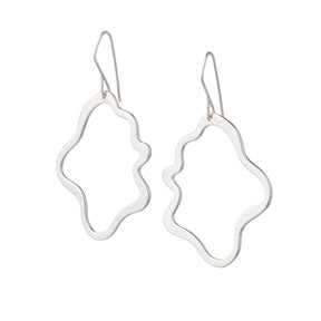 Thin, sterling silver wire with a brushed finish, formed into a playful, oblong shape with wavy edges, and dangling from sterling silver-filled earring wires.