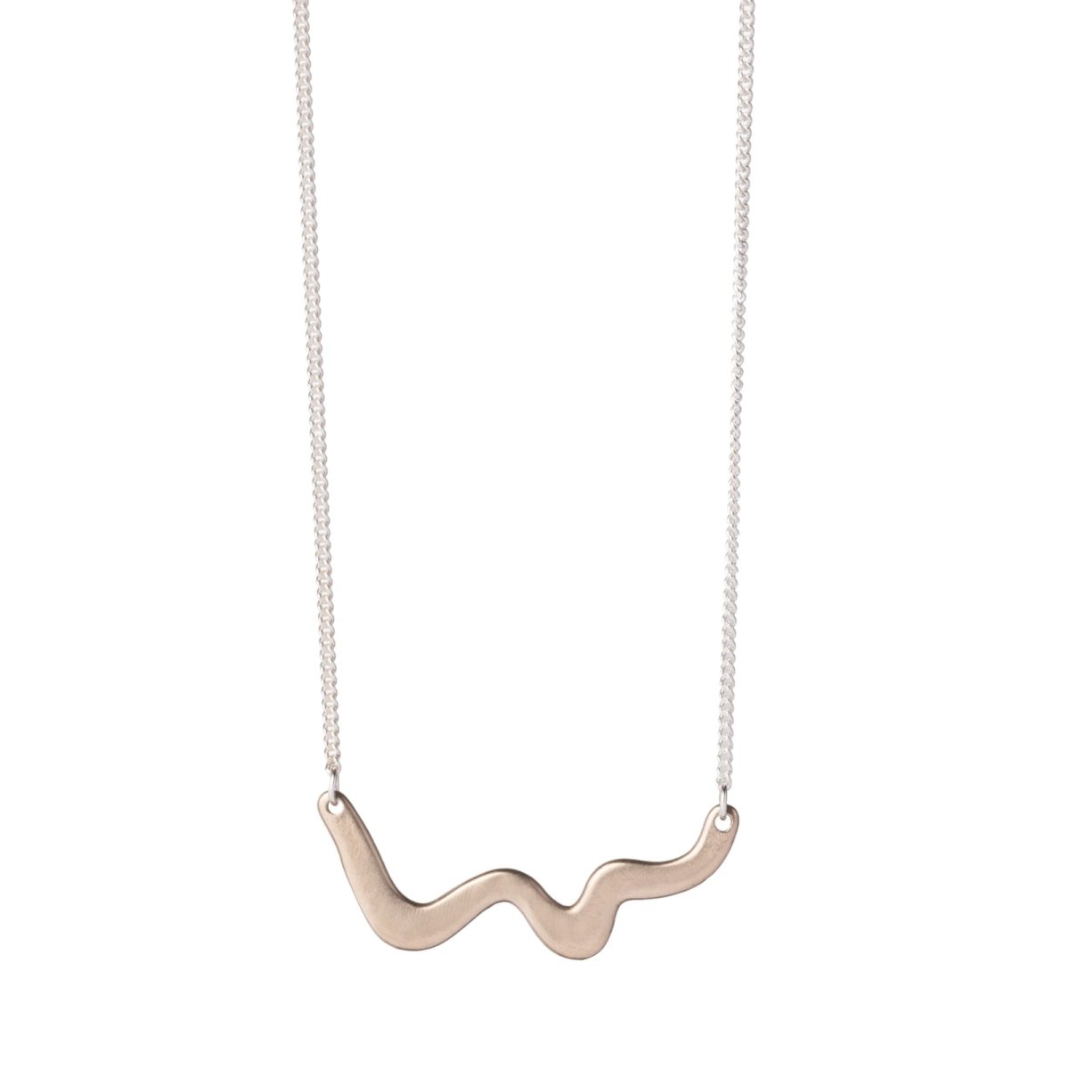 Small and delicate wave pendant of cast bronze, affixed on each end to a delicate, sterling silver chain. Hand-crafted in Portland, Oregon. 