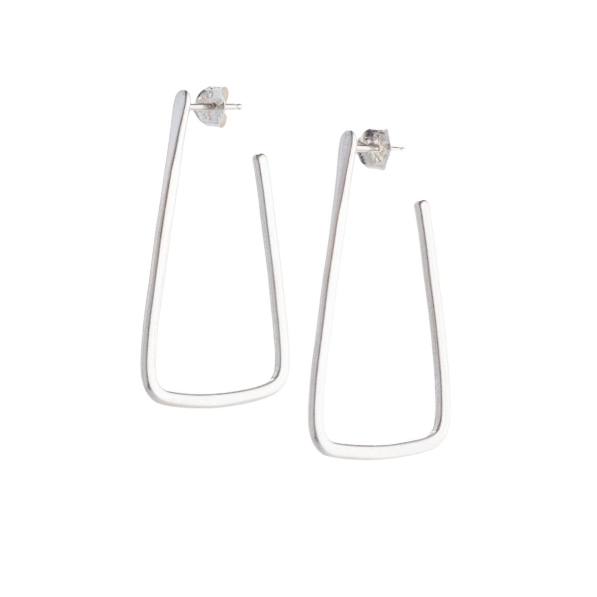 Simple, geometric, silver hoop earrings with curved edges and a matte finish, sterling silver earrings posts, and sterling silver butterfly earring backings. Hand-crafted in Portland, Oregon. 