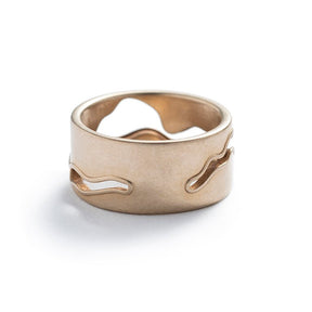 Thick, unisex, cast-bronze band, featuring a curved, wavy cutout modeled after the shape of the Willamette River in Portland, Oregon. Hand-crafted in Portland.