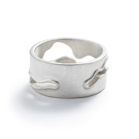Thick, unisex, sterling silver band, featuring a curved, wavy cutout modeled after the shape of the Willamette River in Portland, Oregon. Hand-crafted in Portland.