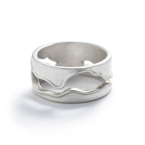 Thick, unisex, sterling silver band, featuring a curved, wavy cutout modeled after the shape of the Willamette River in Portland, Oregon. Hand-crafted in Portland.