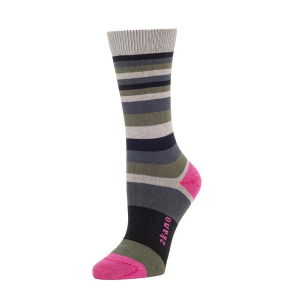 A striped sock against a white background. The sock has grey, blue and green stripes in varying widths. The heel and toe of the sock is a fuchsia color, as well as the logo along the arch. The Charlotte Multi Stripe Crew Sock is from Zkano and made in Alabama, USA.