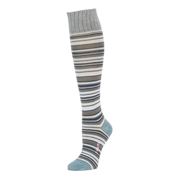 A knee high striped sock with blue, grey and brown stripes in varying widths. The toe and heel are a light blue color, and the cuff of the sock is grey. The Elizabeth Variegated Knee High Sock is from zkano and made in Alabama, USA. 