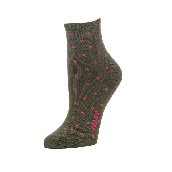 A dark green sock with bright pink polka dots and a bright pink "zkano" logo against the arch. The Polka Dot Anklet Sock in Army is from Zkano and made in Alabama, USA.