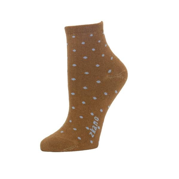 Brown ankle sock against a white background. The sock features a small polka dot pattern in light blue, and the logo along the arch is also light blue. The Polka Dot Anklet from Zkano is made in Alabama, USA.