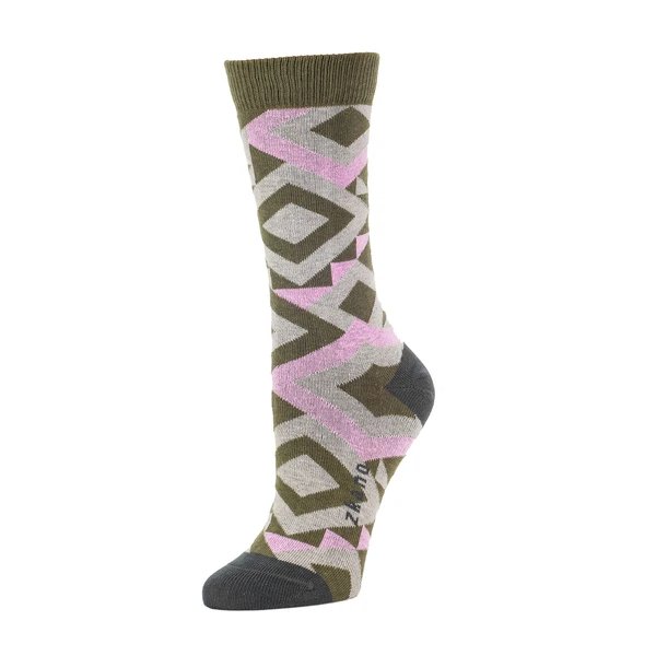 A sock with a fun quilted pattern in green, pink and grey. The toe and heel are a dark grey and the cuff of the sock is dark green. The Prairie Quilted Crew Sock in Army is from designer zkano, and made in Alabama, USA.
