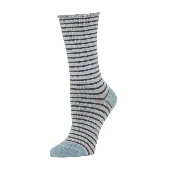A grey and blue striped sock with a slightly rolled cuff. The heel and toe of the sock are light blue. The Rose Roll Top Stripe Slouch Sock in Heather is from designer Zkano and made in Alabama, USA.