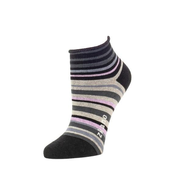 Ankle sock against a white background. The sock has black, grey and light purple stripes in varying widths. The heel and toe of the sock are black. The Rosie Stripe Bootie Sock is from Zkano and made in Alabama, USA.